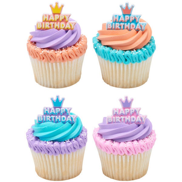 12 Crown Happy Birthday Cupcake Rings - Fantasy Kids Party Queen King Gems Girls Cake Toppers for Birthday Party Decoration Craft Supply