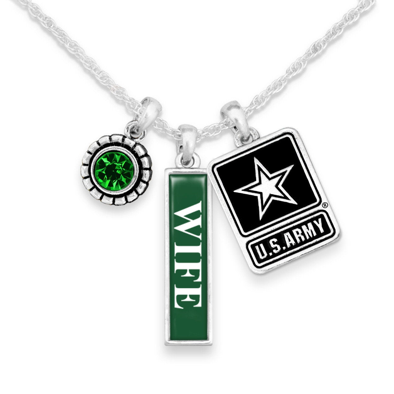 Officially Licensed U.S. ARMY Necklace for Wife - ARMY Wife Triple Charm Vertical Green Crystal Necklace with Pewter Charms Sterling Plated