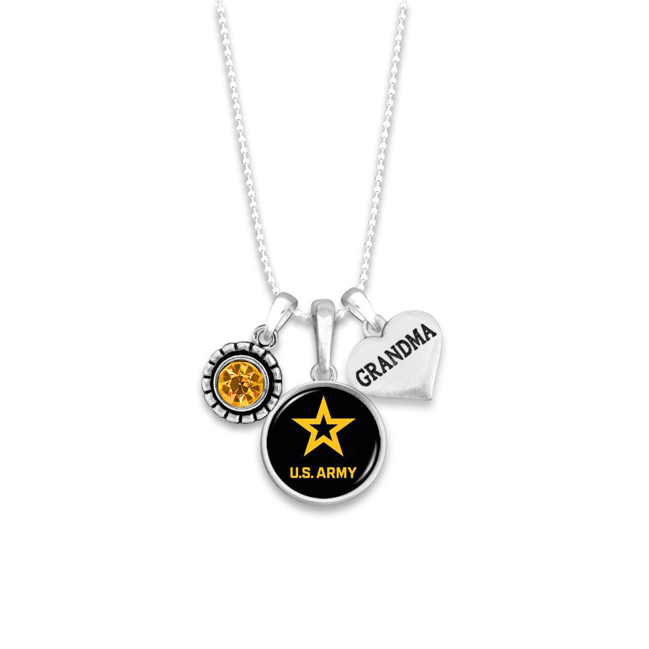 Officially Licensed U.S. ARMY Necklace for Grandma - ARMY Grandma Triple Charm Necklace with Crystal and Pewter Charms Sterling Plated