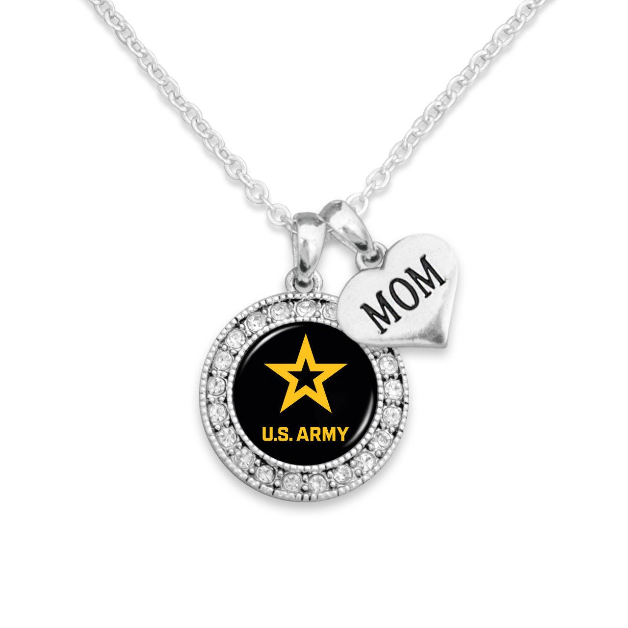 Officially Licensed U.S. ARMY Mom Round Crystal Necklace - ARMY Mom Double Charm Necklace with Pewter Charm Sterling Plated