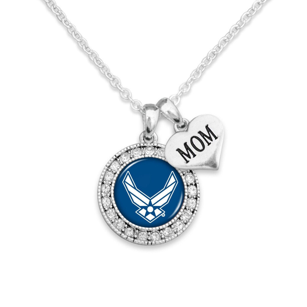 Officially Licensed U.S. AIR FORCE Mom Round Crystal Necklace - Air Force Mom Double Charm Necklace with Pewter Charm Sterling Plated