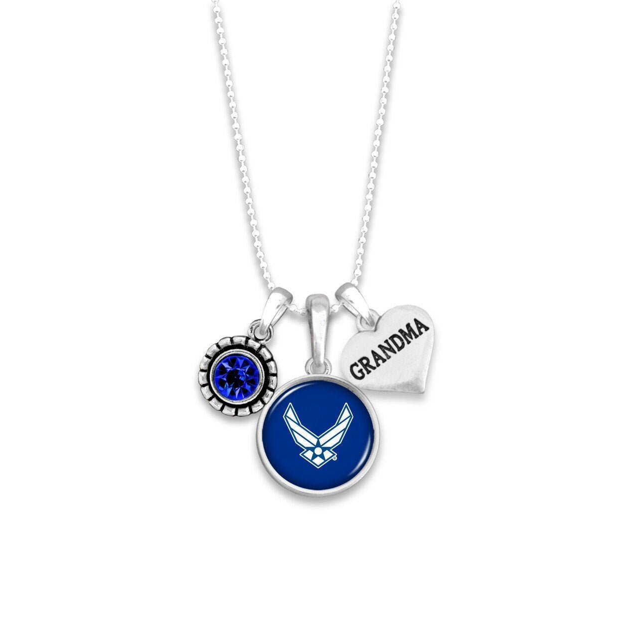 Officially Licensed U.S. AIR FORCE Necklace for Grandma - Grandma Triple Charm Necklace with Blue Crystal and Pewter Charms Sterling Plated