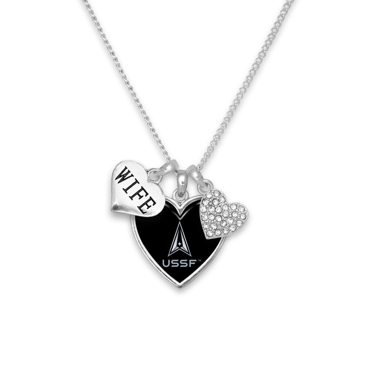 Officially Licensed U.S. SPACE FORCE Amara Necklace for Wife - Space Force Wife Triple Charm Necklace with Pewter Charms Sterling Plated