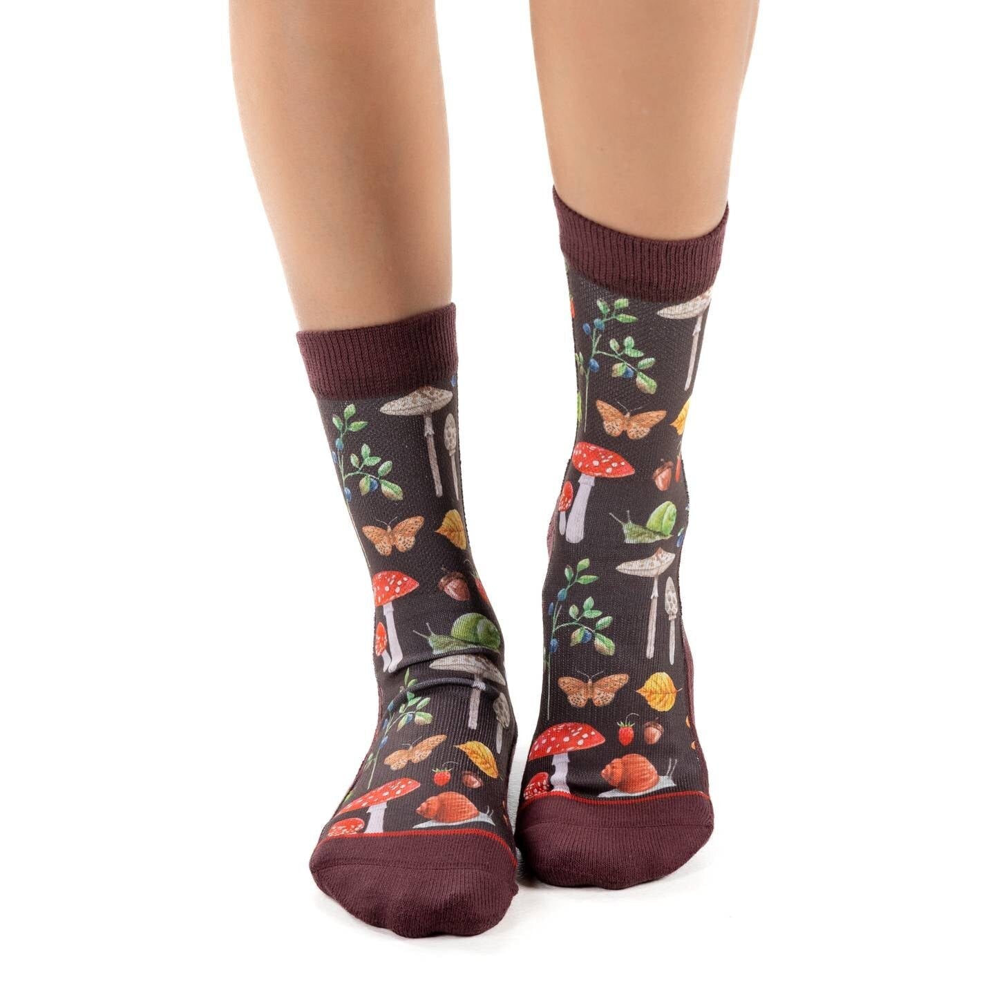Mushrooms, Snails and Bugs Crew Socks - Novelty Active Fit Socks - Women's Adult 5-9 Unisex - Butterfly Acorn - For Craft Costume Supply