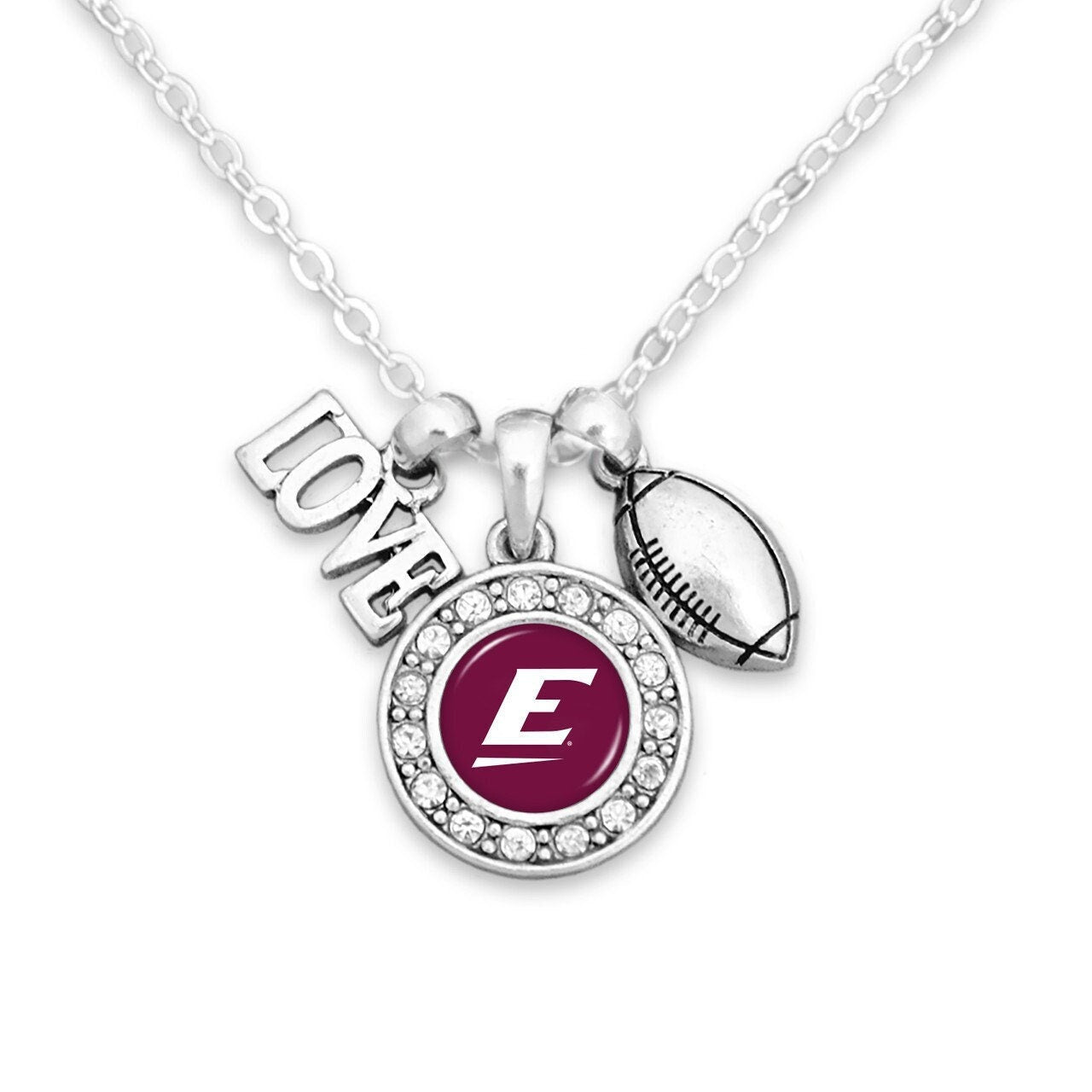 Officially Licensed EASTERN KENTUCKY COLONELS Necklace with Football, Love and Logo Pewter Charms Sterling Plated - Eastern Kentucky eku