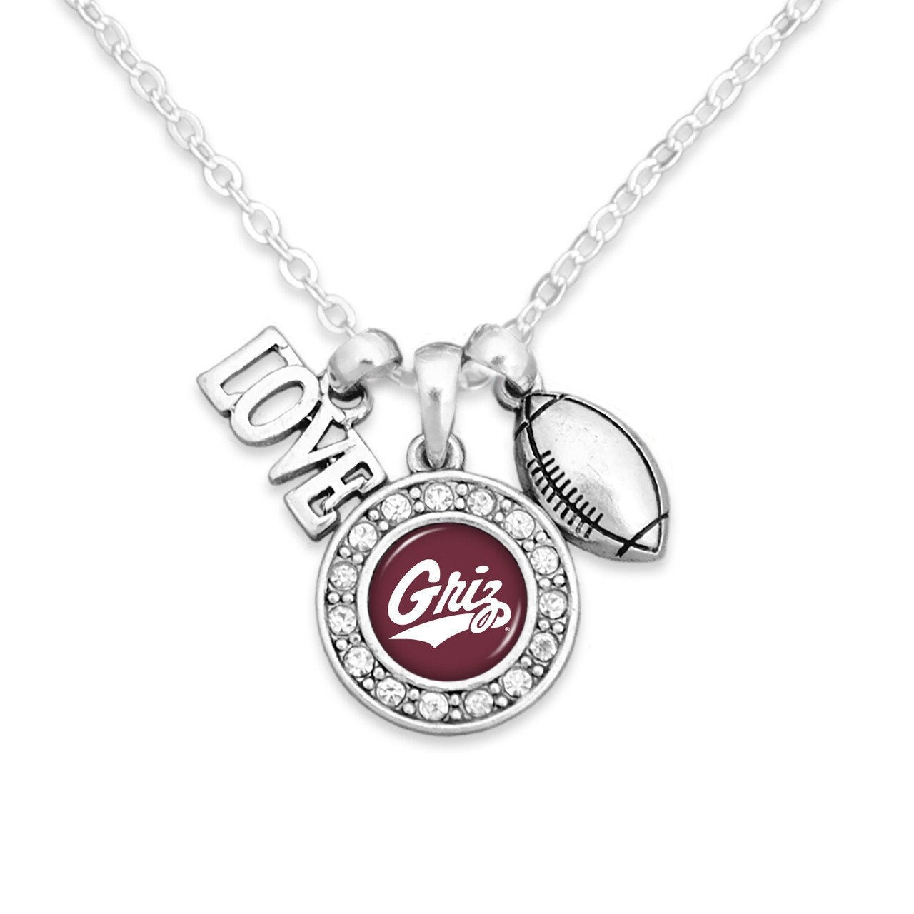 Officially Licensed MONTANA GRIZZLIES Necklace with Football, Love and Logo Pewter Charms Sterling Plated - University of Montana