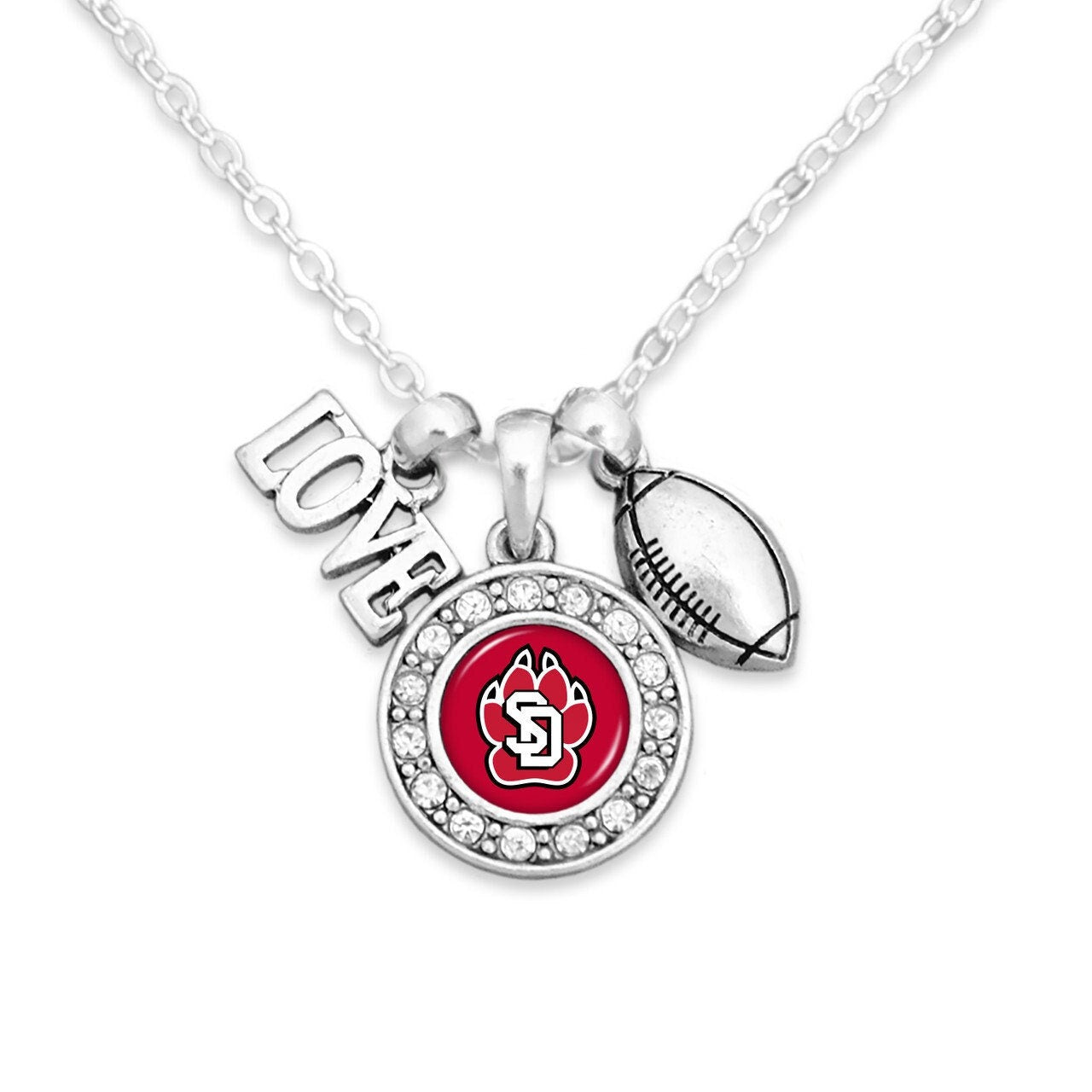 Officially Licensed SOUTH DAKOTA COYOTES Necklace with Football, Love and Logo Pewter Charms Sterling Plated - University of South Dakota