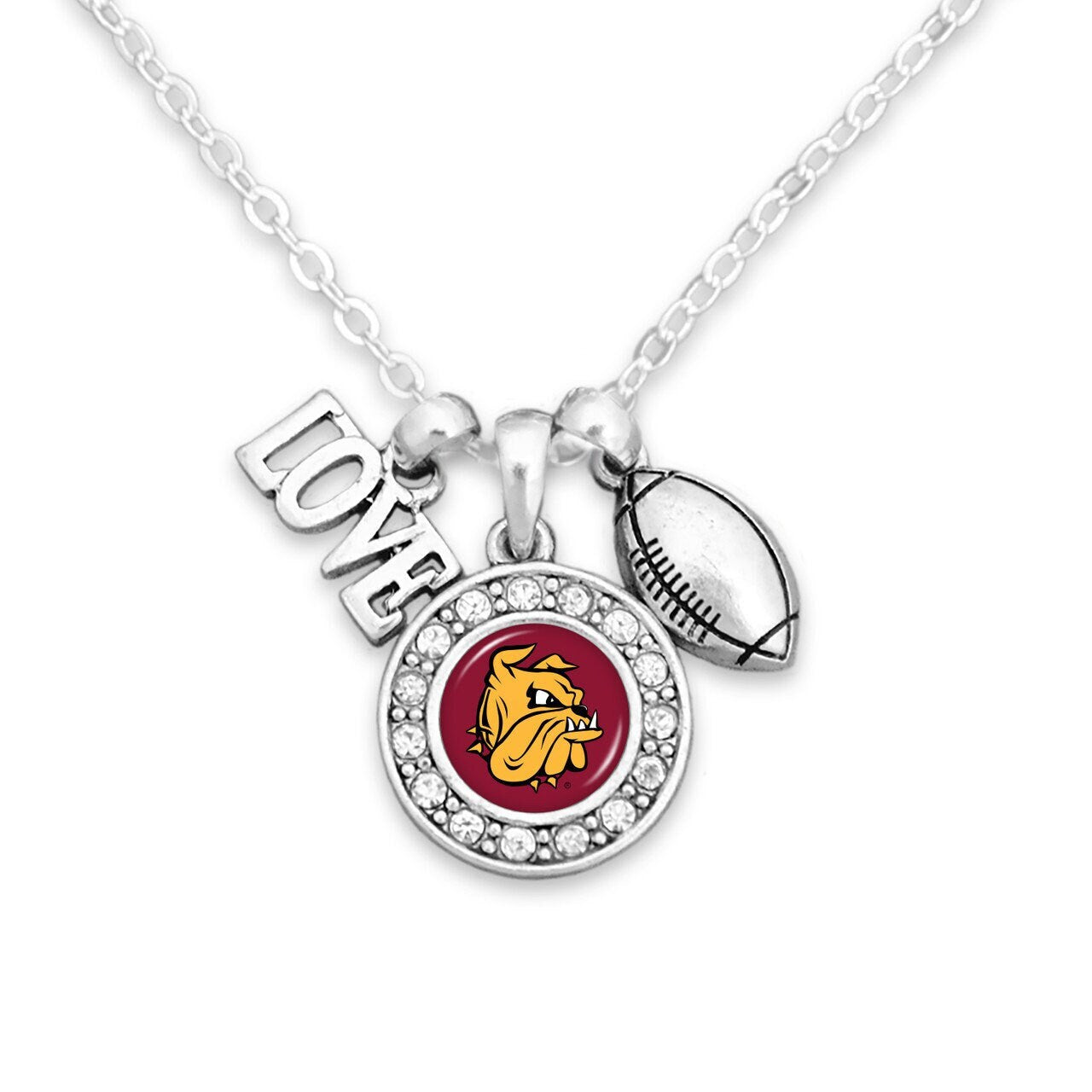 Officially Licensed MINNESOTA DULUTH BULLDOGS Necklace with Football, Love and Logo Pewter Charms Sterling Plated - Minnesota Duluth