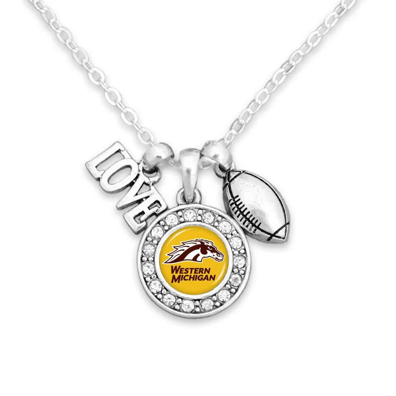 Officially Licensed WESTERN MICHIGAN BRONCOS Necklace with Football, Love and Logo Pewter Charms Sterling Plated - Western Michigan Univ