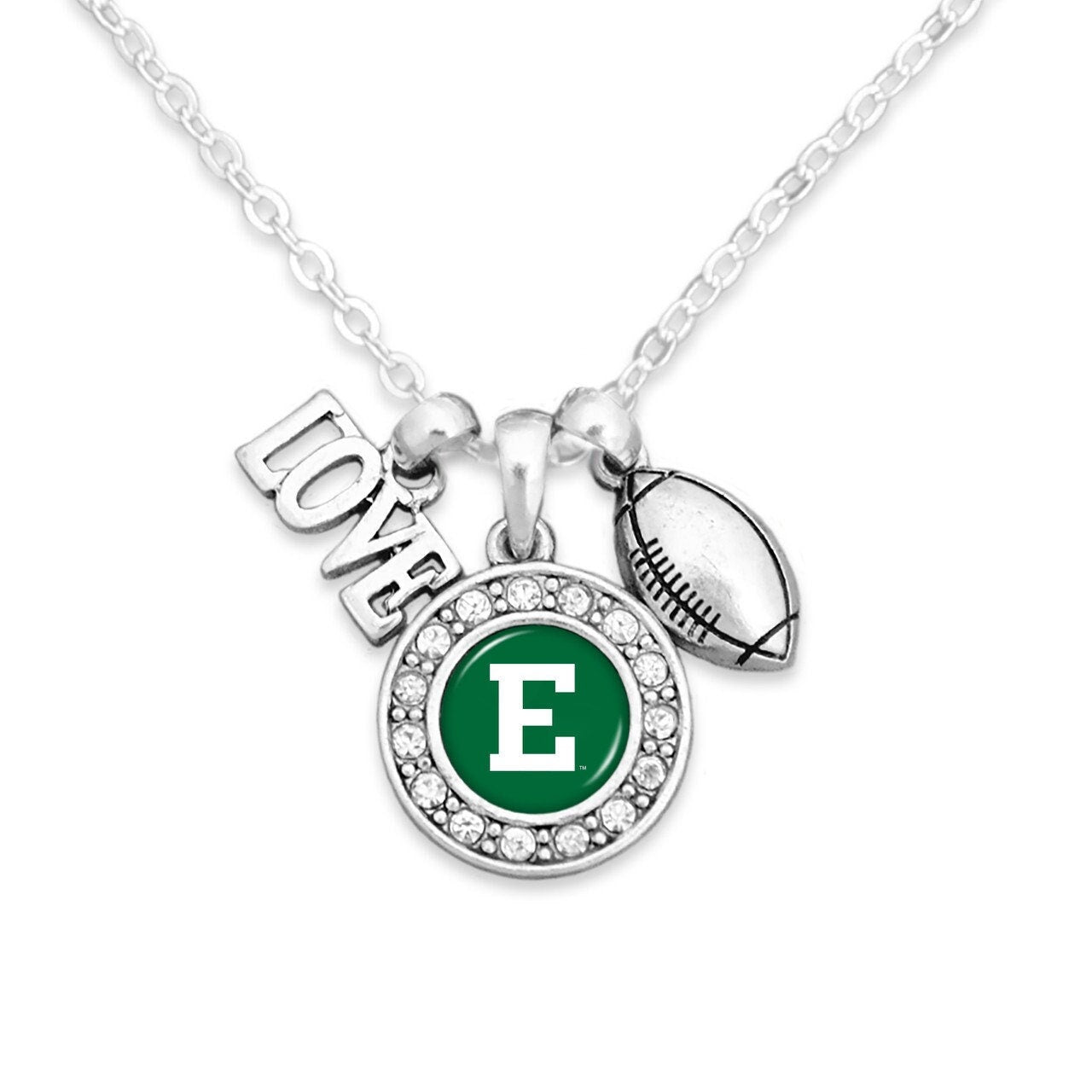 Officially Licensed EASTERN MICHIGAN EAGLES Necklace with Football, Love and Logo Pewter Charms Sterling Plated - Eastern Michigan Univ