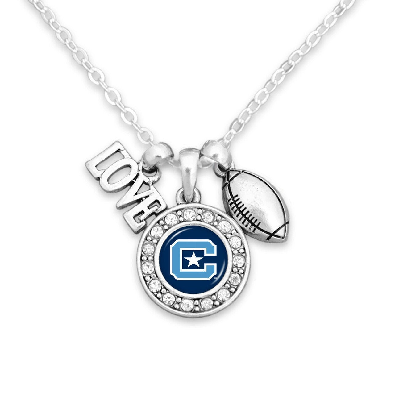 Officially Licensed CITADEL BULLDOGS Necklace with Football, Love and Logo Pewter Charms Sterling Plated - The Citadel
