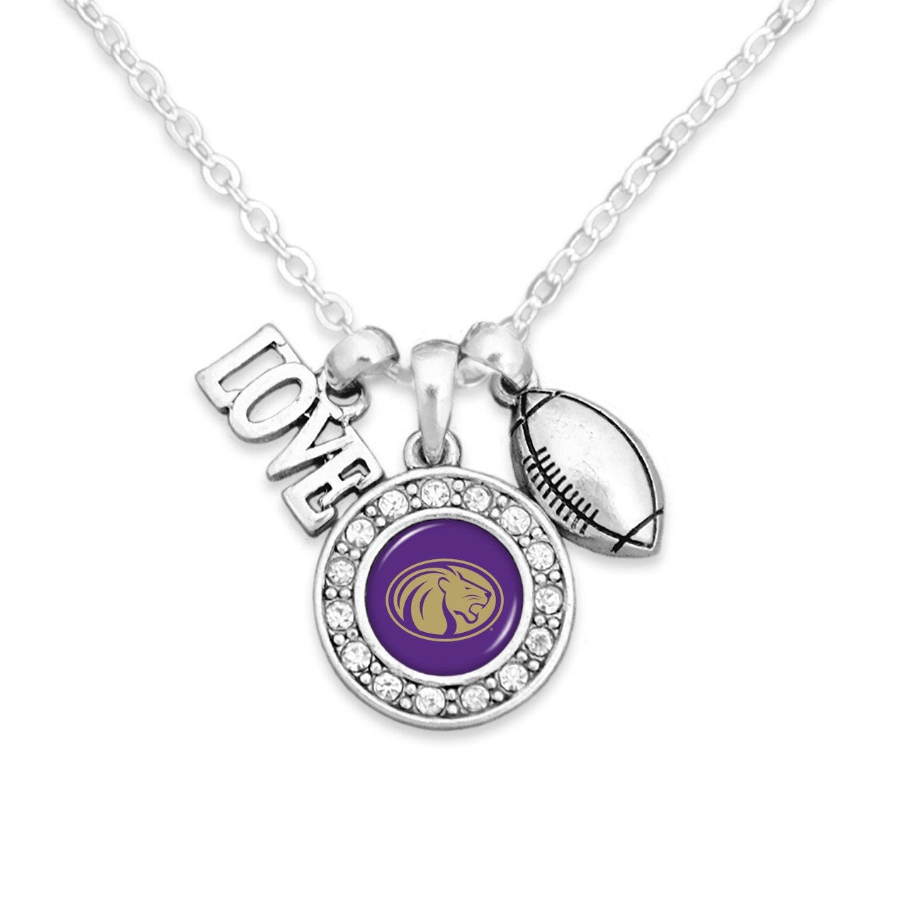 Officially Licensed NORTH ALABAMA LIONS Necklace with Football, Love and Logo Pewter Charms Sterling Plated - University of North Alabama
