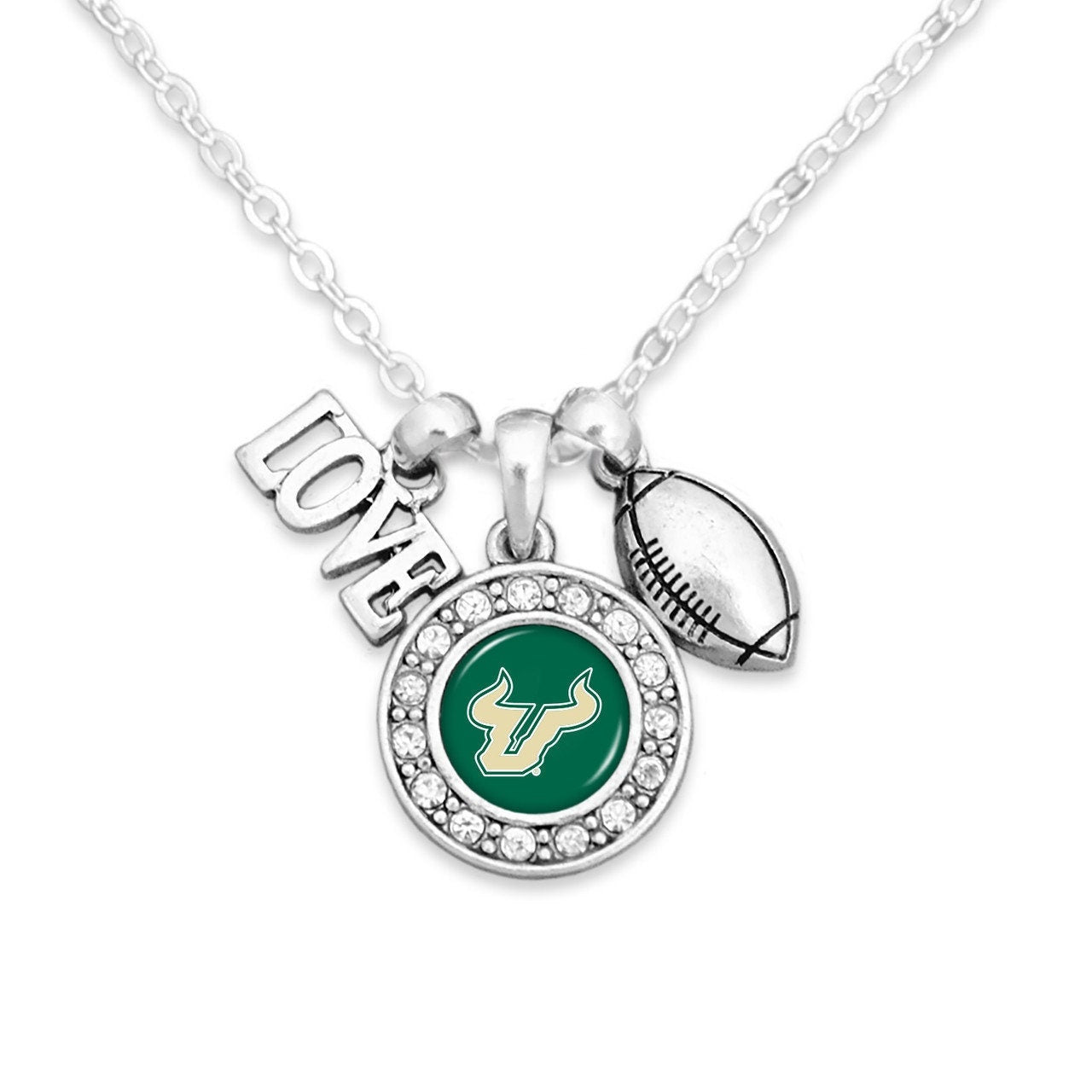 Officially Licensed SOUTH FLORIDA BULLS Necklace with Football, Love and Logo Pewter Charms Sterling Plated - University of South Florida