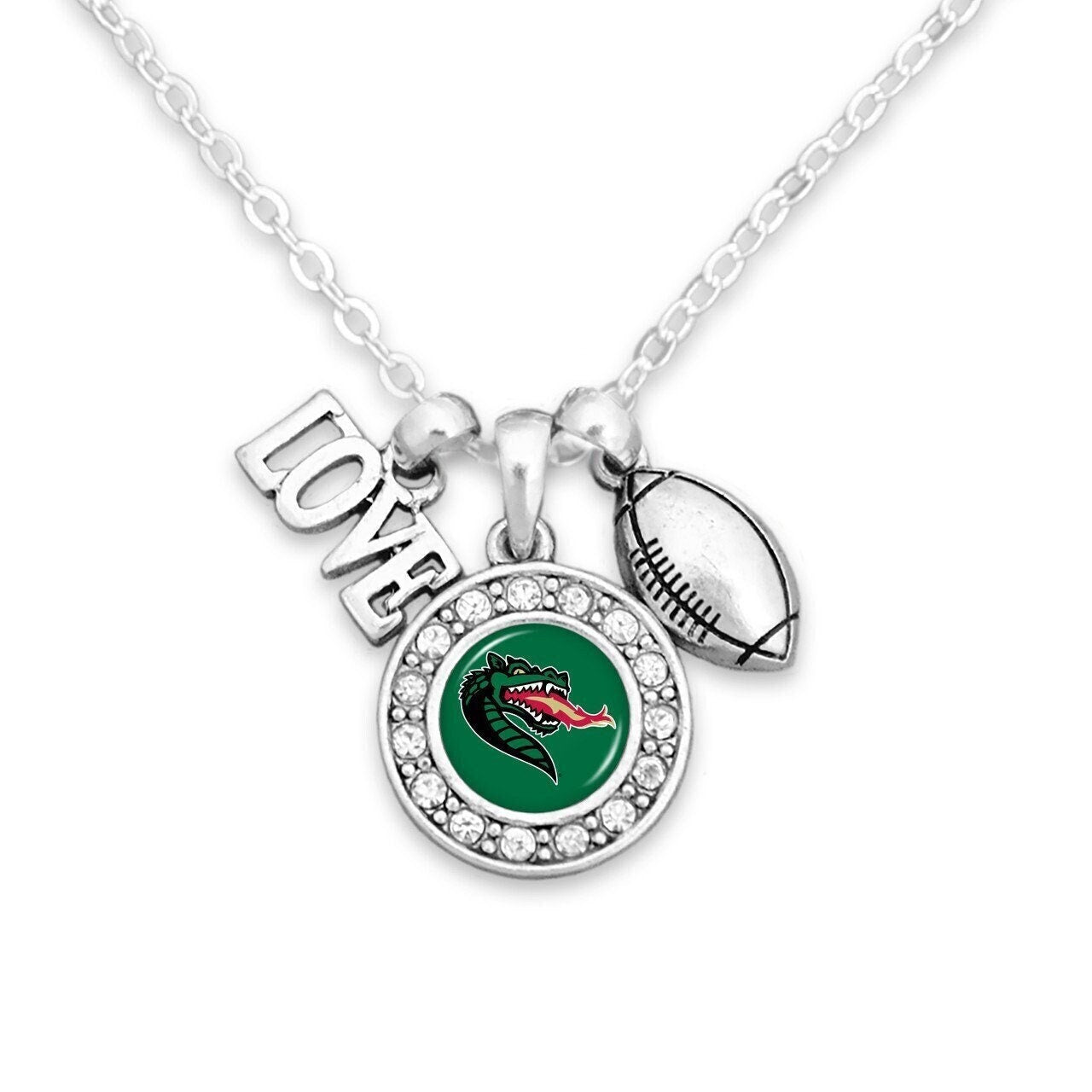 Officially Licensed ALABAMA BIRMINGHAM BLAZERS Necklace with Football, Love and Logo Pewter Charms Sterling Plated - Alabama at Birmingham