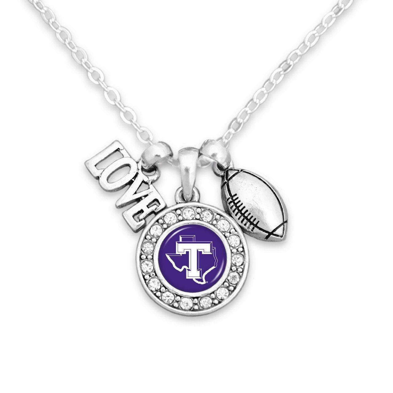 Officially Licensed TARLETON STATE TEXANS Necklace with Football, Love and Logo Pewter Charms Sterling Plated - Tarleton State University