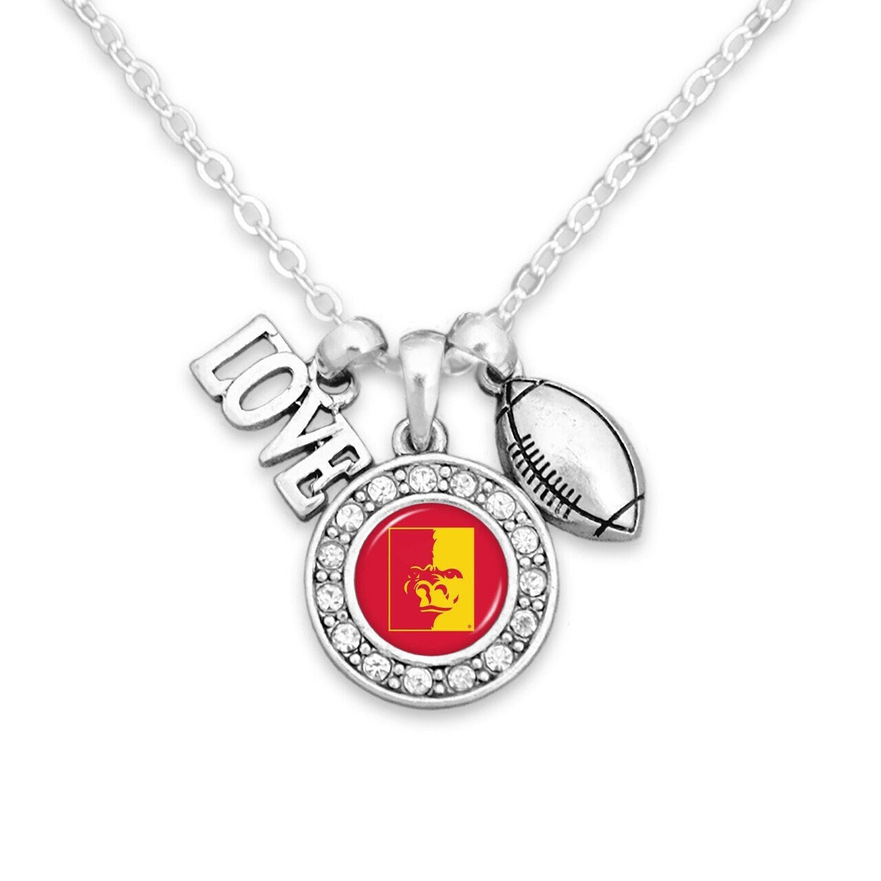 Officially Licensed PITTSBURGH STATE GORILLAS Necklace with Football, Love and Logo Pewter Charms Sterling Plated - Pittsburg State Univ