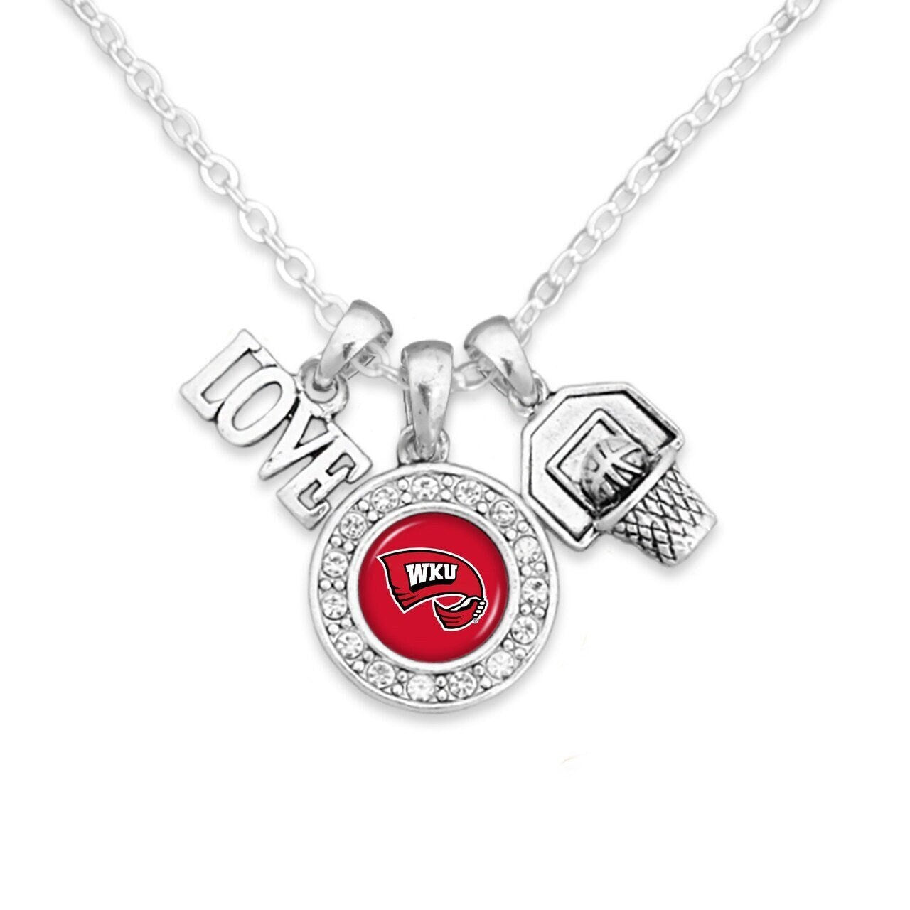 Officially Licensed WESTERN KENTUCKY HILLTOPPERS Necklace with Basketball, Love and Logo Pewter Charms Sterling Plated - Western Kentucky