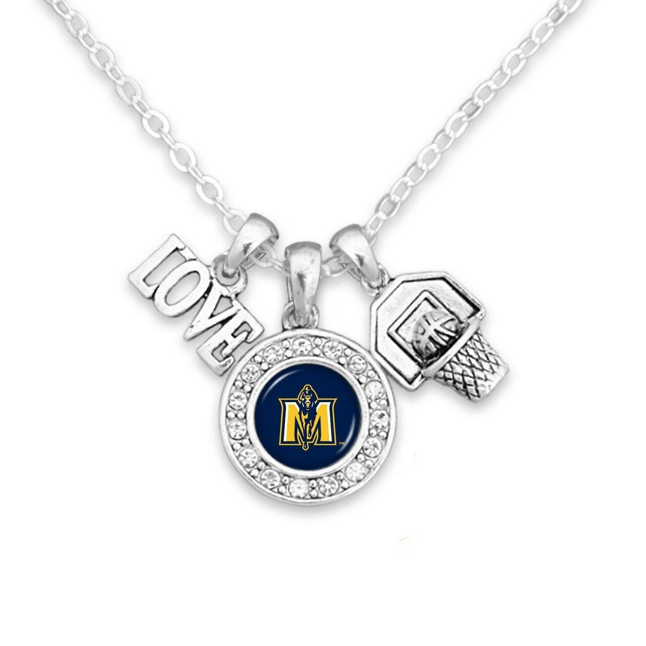 Officially Licensed MURRAY STATE RACERS Necklace with Basketball, Love and Logo Pewter Charms Sterling Plated - Murray State University