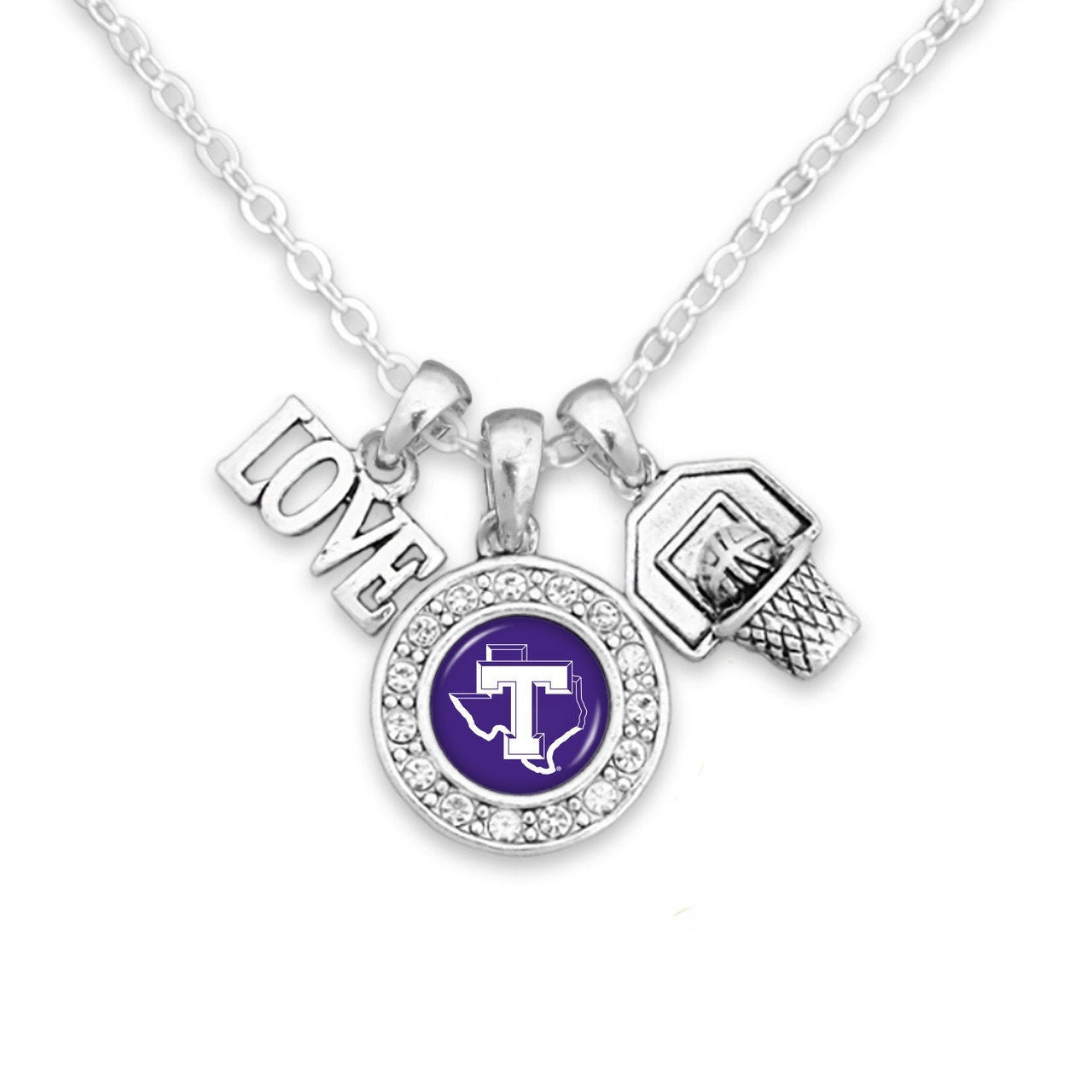 Officially Licensed TARLETON STATE TEXANS Necklace with Basketball, Love and Logo Pewter Charms Sterling Plated - Tarleton State University