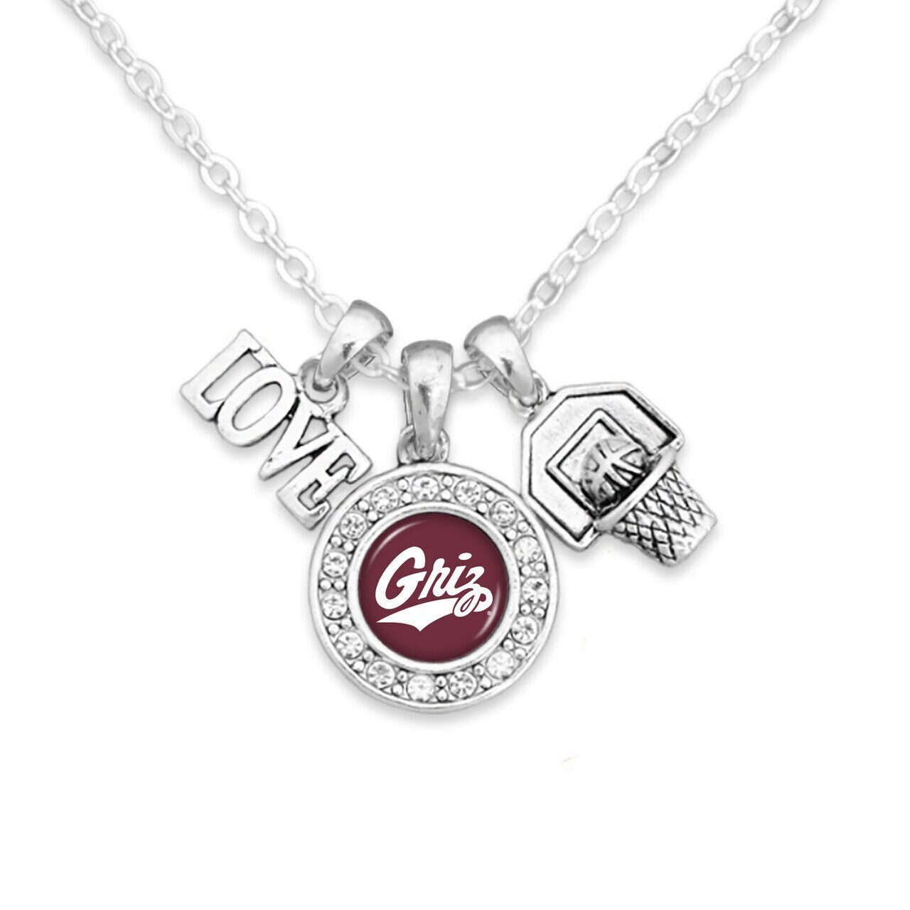 Officially Licensed MONTANA GRIZZLIES Necklace with Basketball, Love and Logo Pewter Charms Sterling Plated - University of Montana