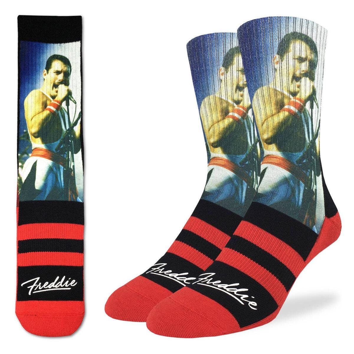 FREDDIE MERCURY In Rio Crew Socks - Officially Licensed Queen Rock Band Music Novelty Socks - Men's Adult 8-12 Unisex - Craft Costume Supply