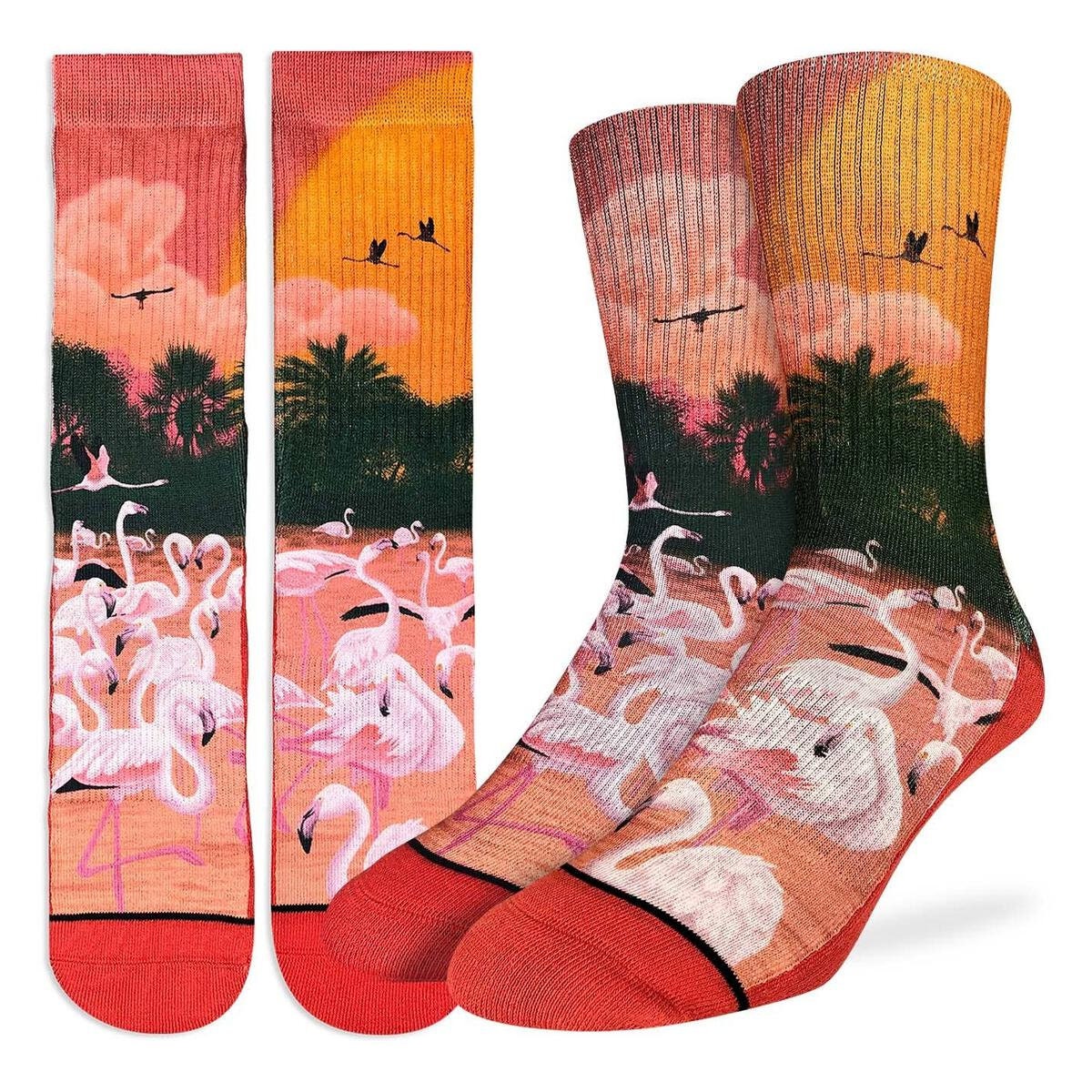 Flamingos In The Sunset Crew Socks - Pink Flamingo Novelty Active Fit Socks - Men's Adult 8-12 Unisex - For Craft Costume Supply