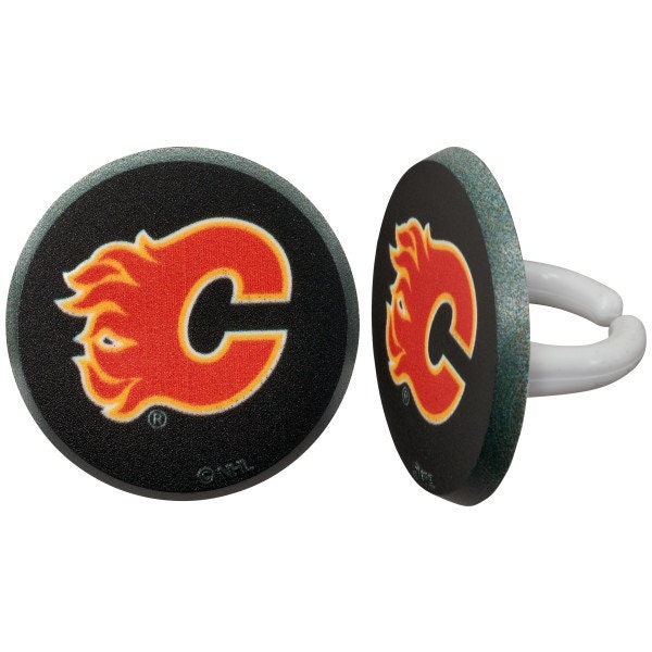 12 CALGARY FLAMES Cupcake Rings - NHL Calgary Flames Cake Toppers for Birthday Party Decoration Craft Supply