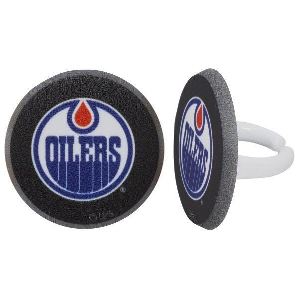 12 EDMONTON OILERS Cupcake Rings - NHL Edmonton Oilers Cake Toppers for Birthday Party Decoration Craft Supply