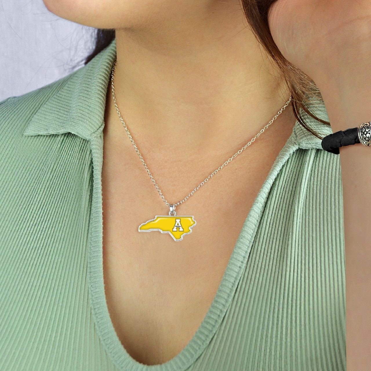 Officially Licensed APPALACHIAN STATE MOUNTAINEERS Necklace - State of Mine Logo Pewter Charm Sterling Plated - Appalachian State University