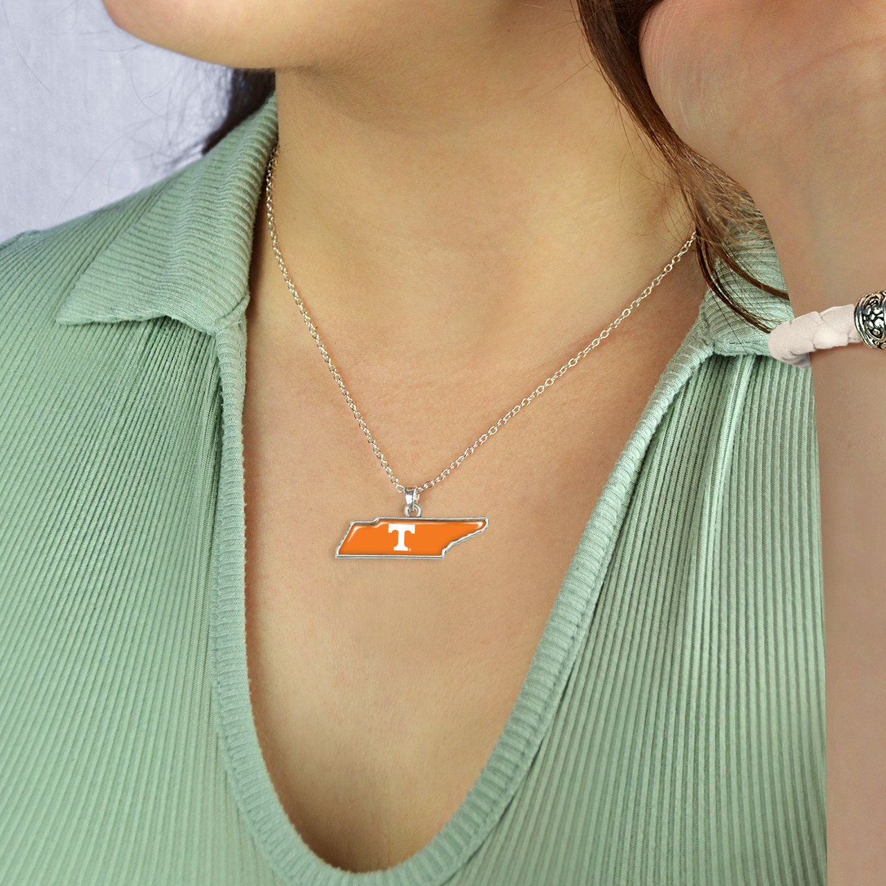 Officially Licensed TENNESSEE Volunteers Necklace - State of Mine Logo Pewter Charm Sterling Plated - University of Tennessee