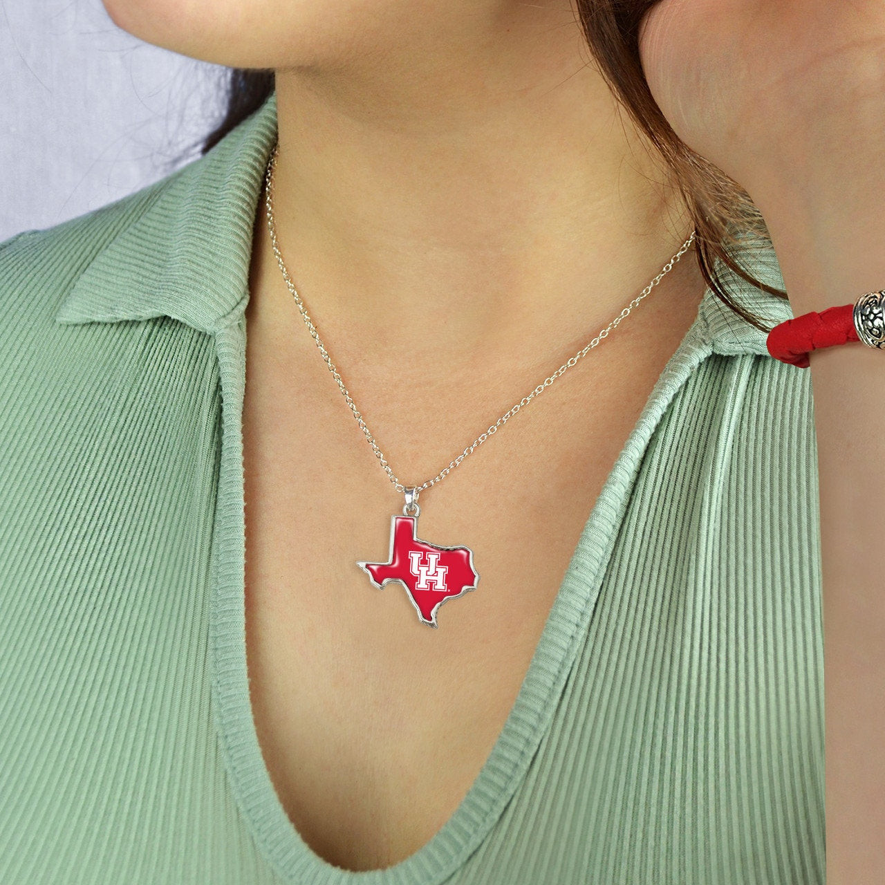 Officially Licensed HOUSTON Cougars Necklace - State of Mine Logo Pewter Charm Sterling Plated - University of Houston