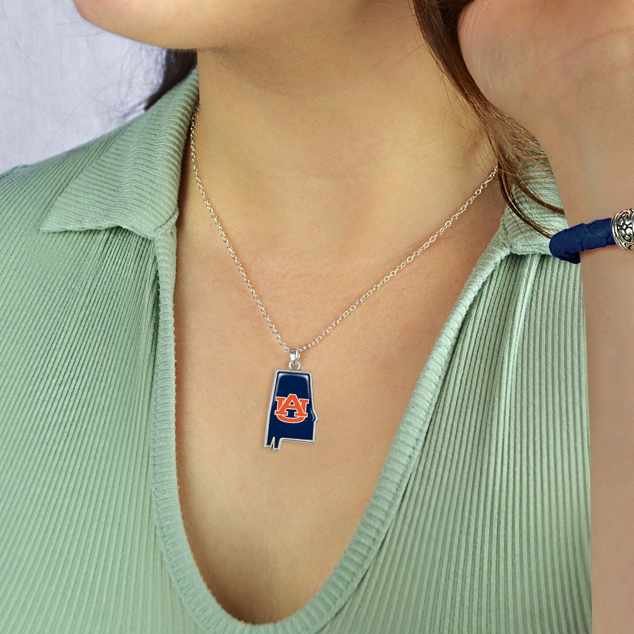 Officially Licensed AUBURN Tigers Necklace - State of Mine Logo Pewter Charm Sterling Plated - Auburn University