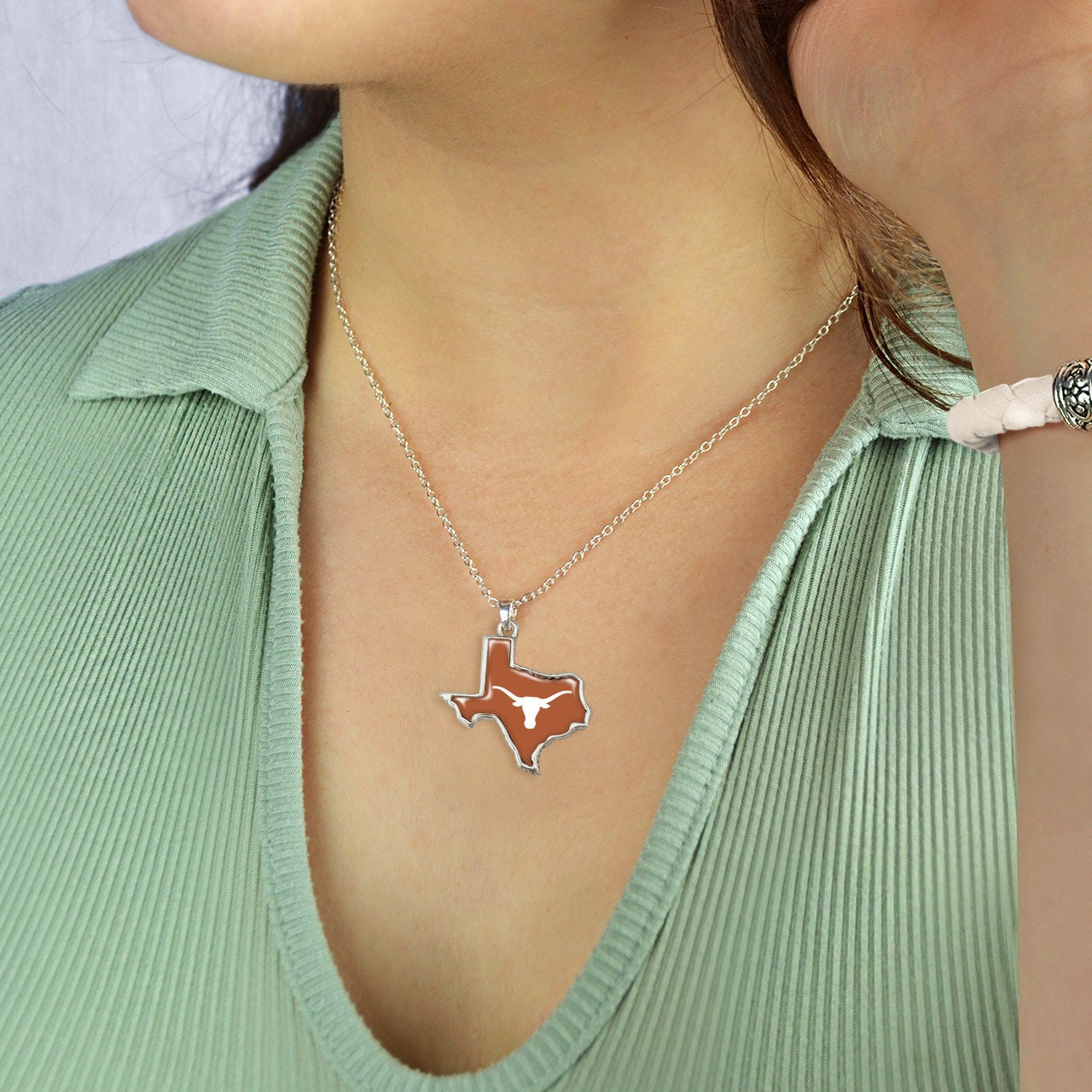Officially Licensed TEXAS LONGHORNS Necklace - State of Mine Logo Pewter Charm Sterling Plated - University of Texas
