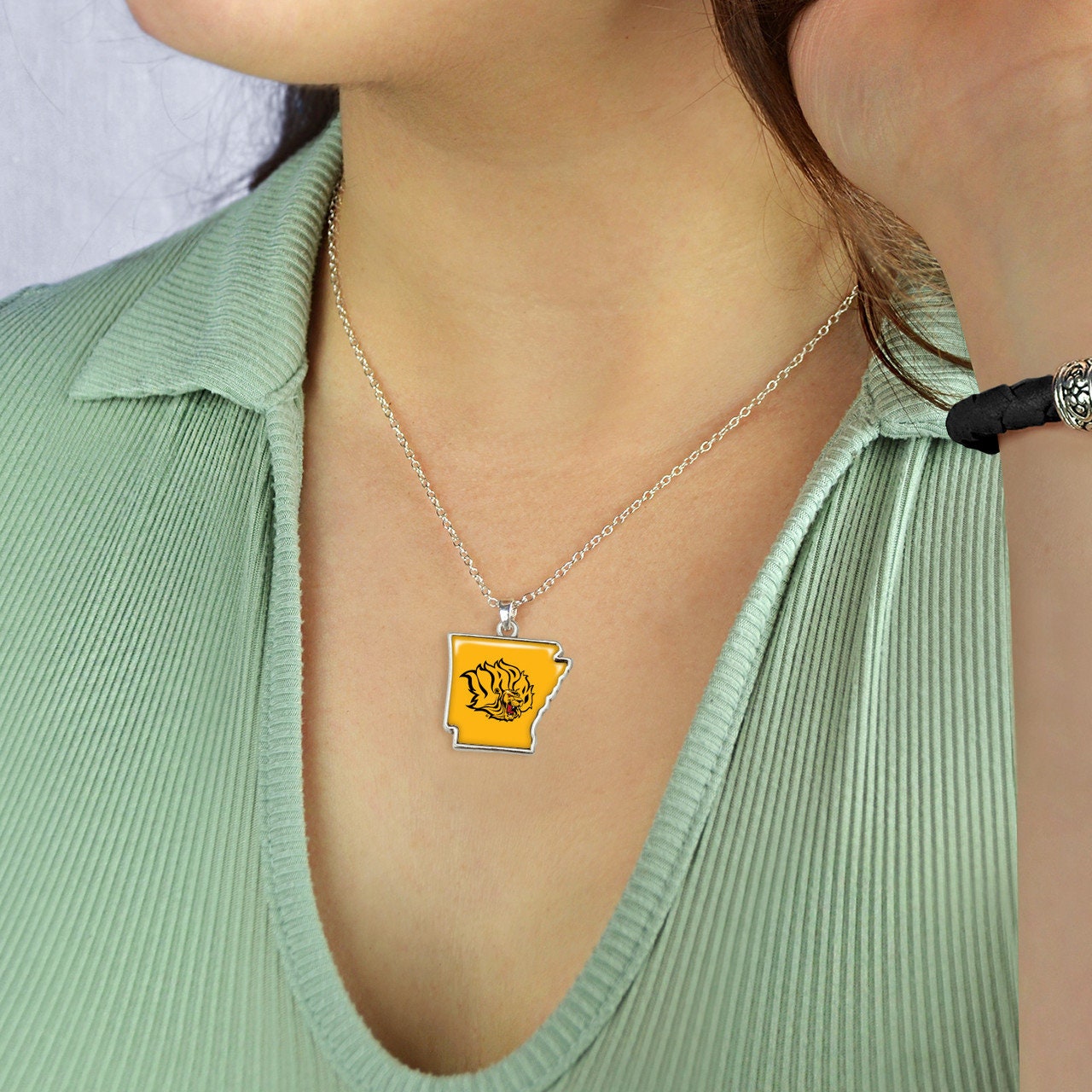 Officially Licensed ARKANSAS PINE BLUFF Necklace - State of Mine Logo Pewter Charm Sterling Plated - University of Arkansas at Pine Bluff