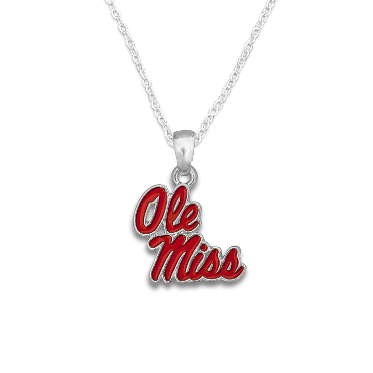 Officially Licensed OLE MISS REBELS Necklace - Logo Pewter Charm Sterling Plated - University of Mississippi Rebels