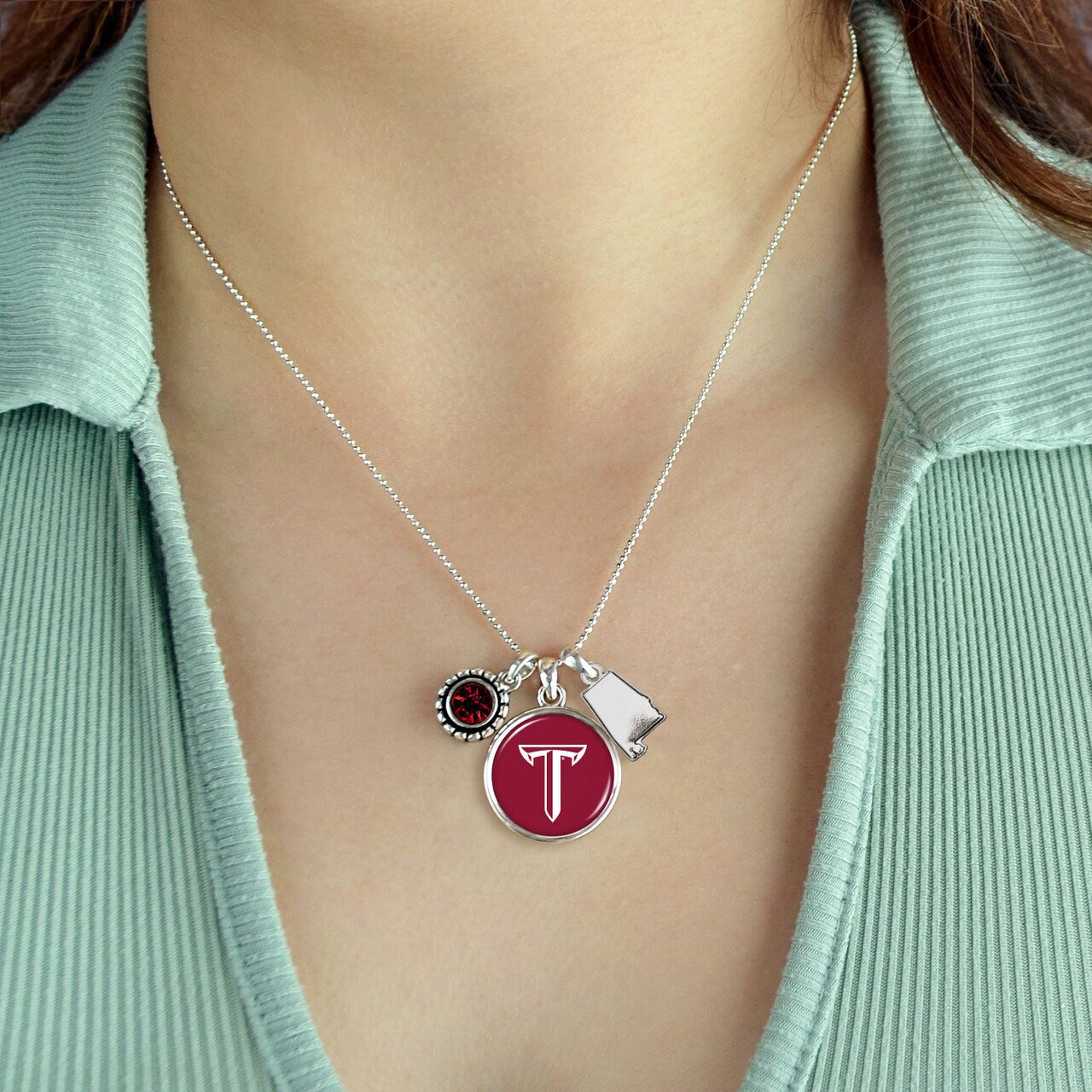 Officially Licensed TROY TROJANS Necklace - Triple Charm Necklace with Crystal Alabama State Pewter Charms Sterling Plated