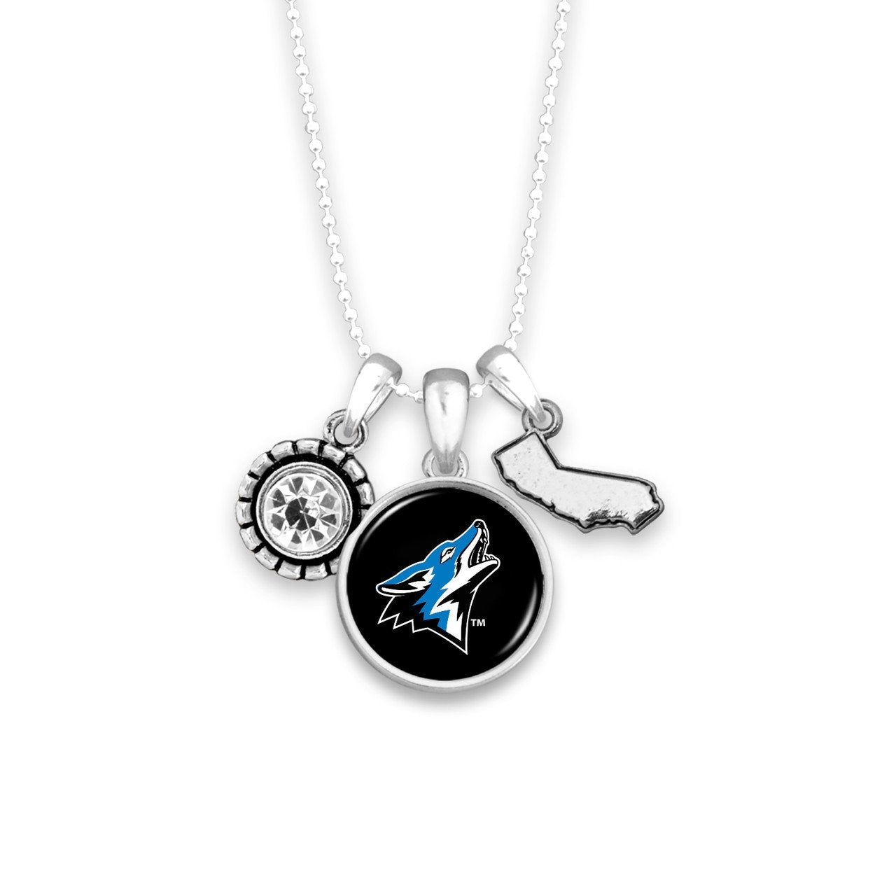 Officially Licensed SAN BERNARDINO COYOTES Necklace - Triple Charm Necklace with Crystal California State Pewter Charms Sterling Plated