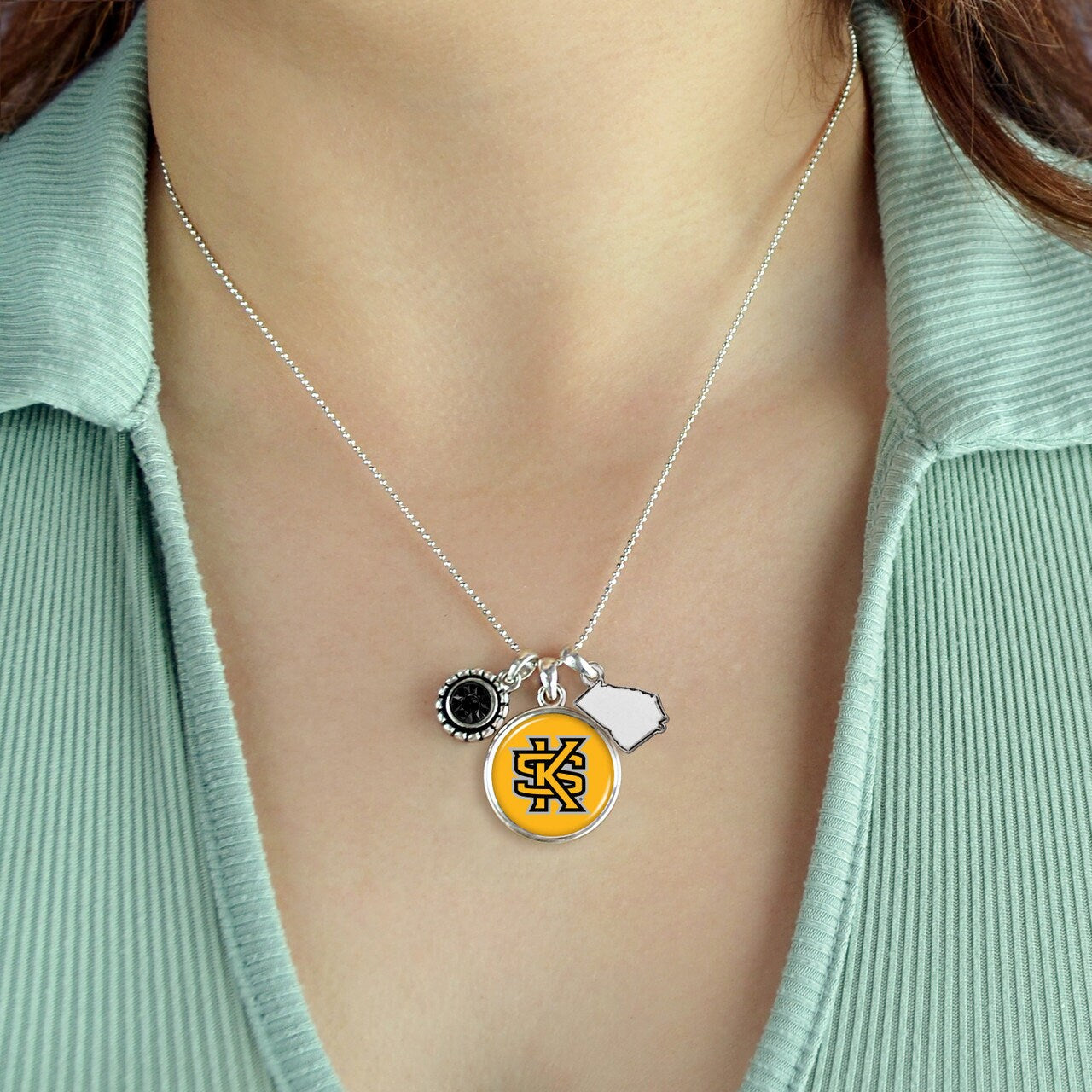 Officially Licensed KENNESAW STATE OWLS Necklace - Triple Charm Necklace with Crystal Georgia State Pewter Charms Sterling Plated