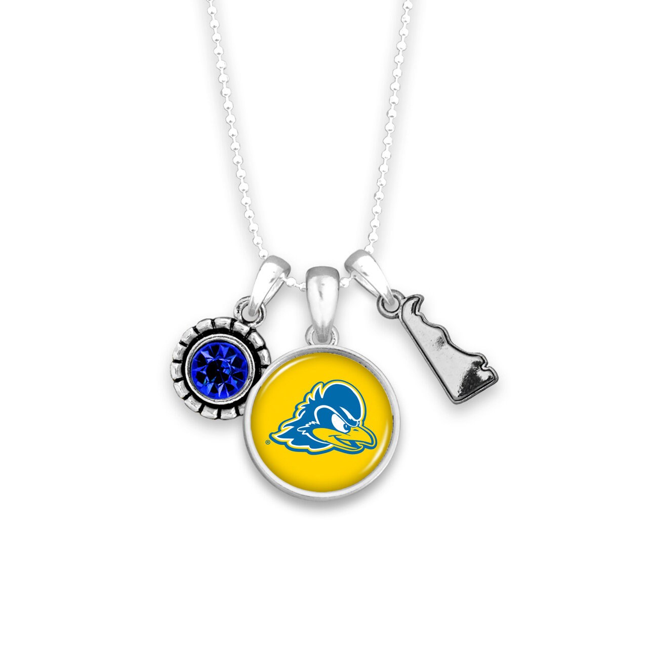 Officially Licensed DELAWARE BLUE HENS Necklace - Triple Charm Necklace with Crystal Delaware State Pewter Charms Sterling Plated