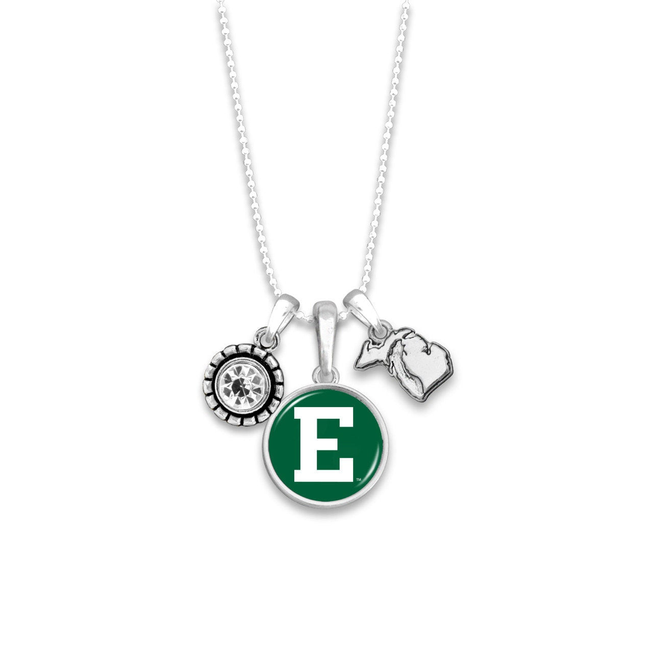 Officially Licensed EASTERN MICHIGAN EAGLES Necklace - Triple Charm Necklace with Crystal Michigan State Pewter Charms Sterling Plated