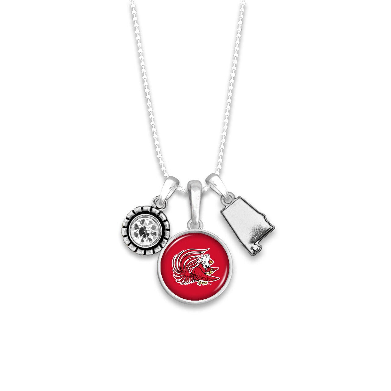 Officially Licensed JACKSONVILLE STATE GAMECOCKS Necklace - Triple Charm Necklace with Crystal Alabama State Pewter Charms Sterling Plated
