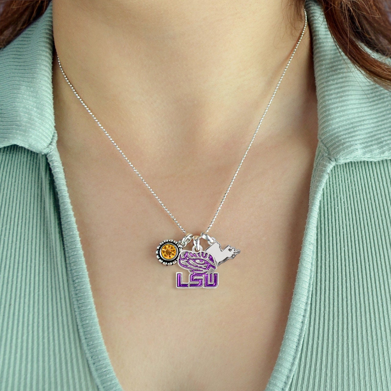 Officially Licensed LSU TIGERS Necklace - Triple Charm Necklace with Crystal Louisiana State Pewter Charms Sterling Plated