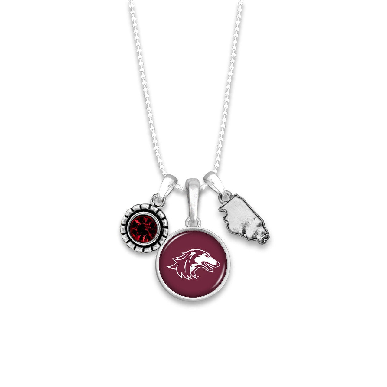 Officially Licensed SOUTHERN ILLINOIS SALUKIS Necklace - Triple Charm Necklace with Crystal Illinois State Pewter Charms Sterling Plated