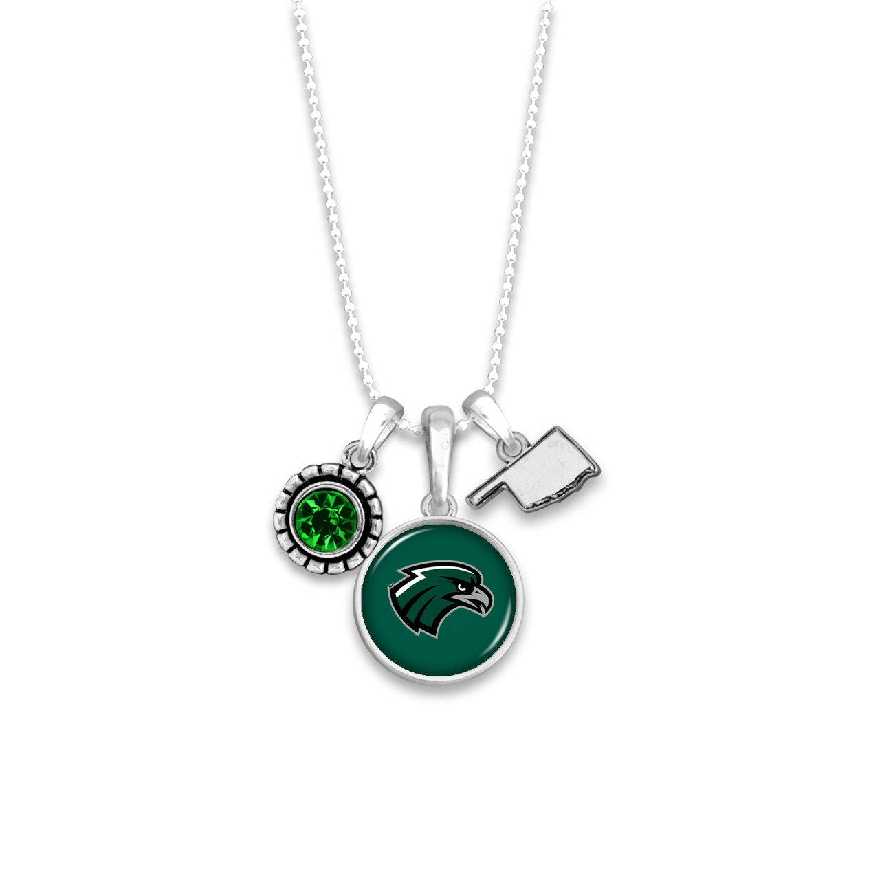 Officially Licensed NORTHEASTERN STATE RIVERHAWKS Necklace - Triple Charm Necklace with Crystal Oklahoma State Pewter Charms Sterling Plated