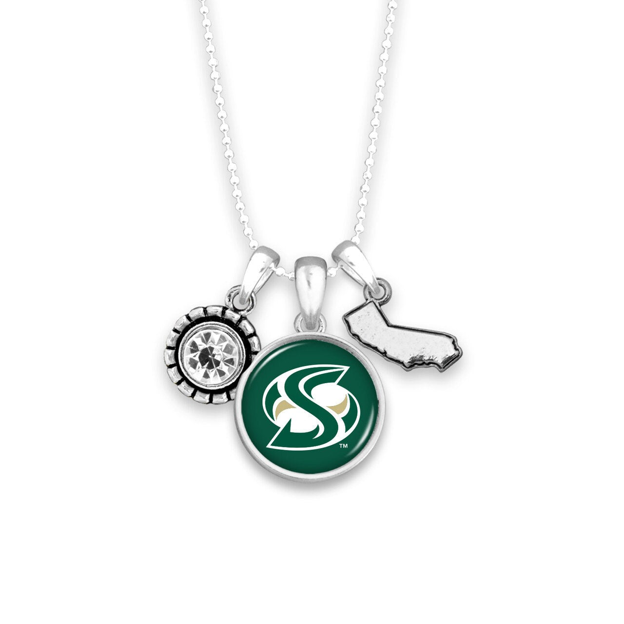 Officially Licensed SACRAMENTO STATE HORNETS Necklace - Triple Charm Necklace with Crystal California State Pewter Charms Sterling Plated