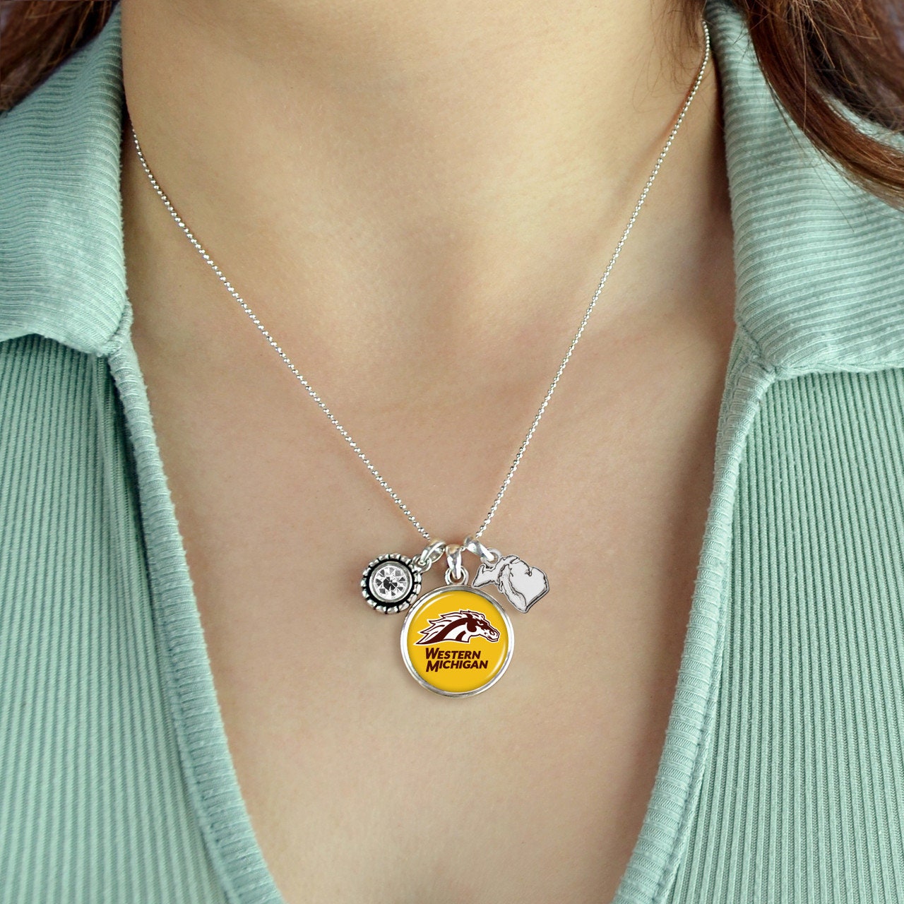 Officially Licensed WESTERN MICHIGAN BRONCOS Necklace - Triple Charm Necklace with Crystal Michigan State Pewter Charms Sterling Plated