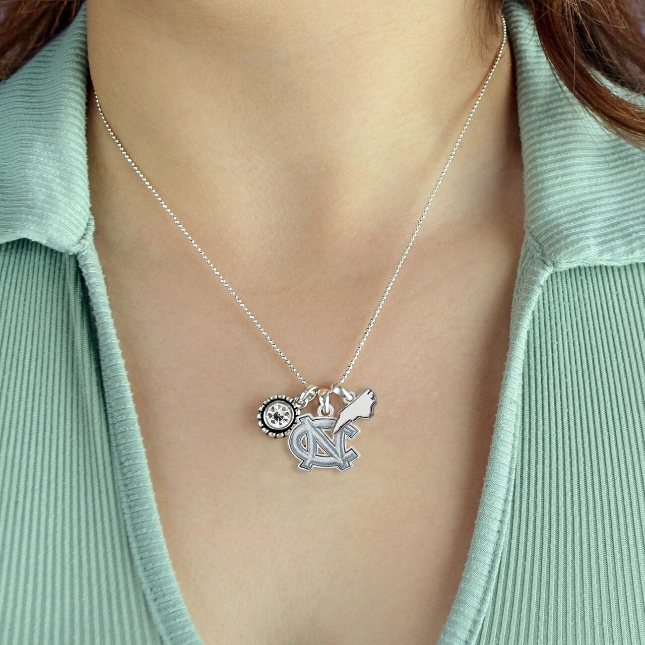 Officially Licensed NORTH CAROLINA Tar Heels Necklace - Triple Charm Necklace Crystal North Carolina State Pewter Charms Sterling Plated