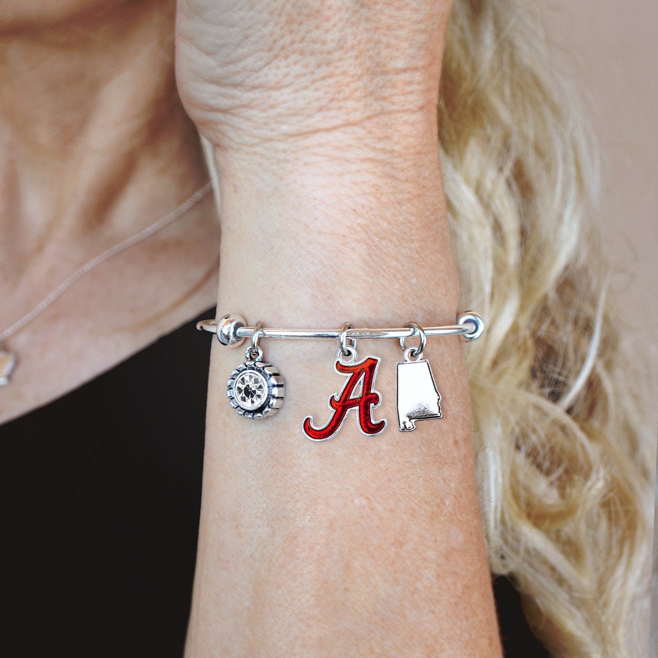 Officially Licensed ALABAMA CRIMSON TIDE Bracelet - Triple Charm Bracelet with Crystal Alabama State Pewter Charms Sterling Plated