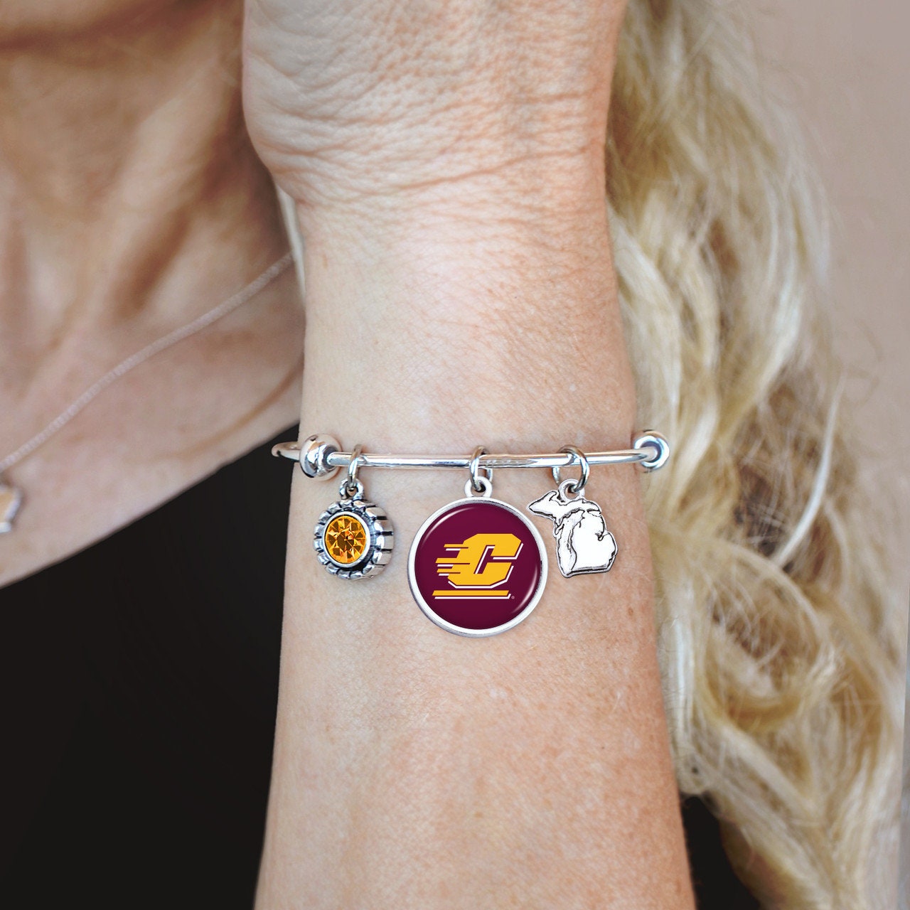 Officially Licensed CENTRAL MICHIGAN CHIPPEWAS Bracelet - Triple Charm Bracelet with Crystal Michigan State Pewter Charms Sterling Plated
