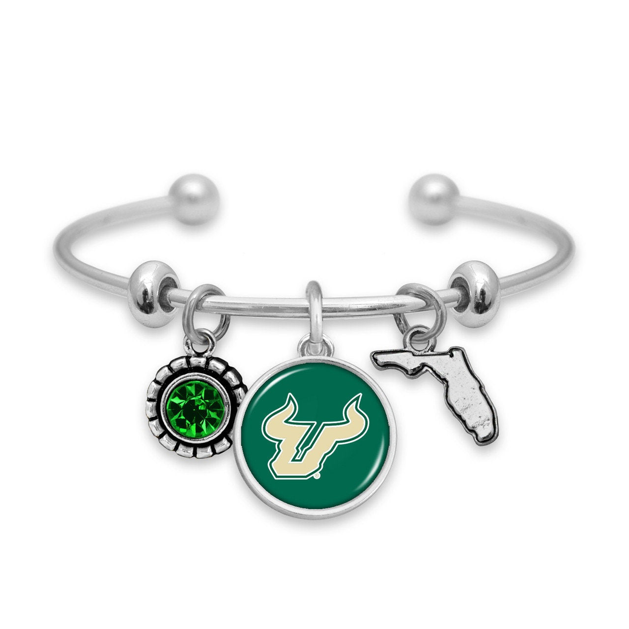 Officially Licensed SOUTH FLORIDA BULLS Bracelet - Triple Charm Bracelet with Crystal Florida State Pewter Charms Sterling Plated